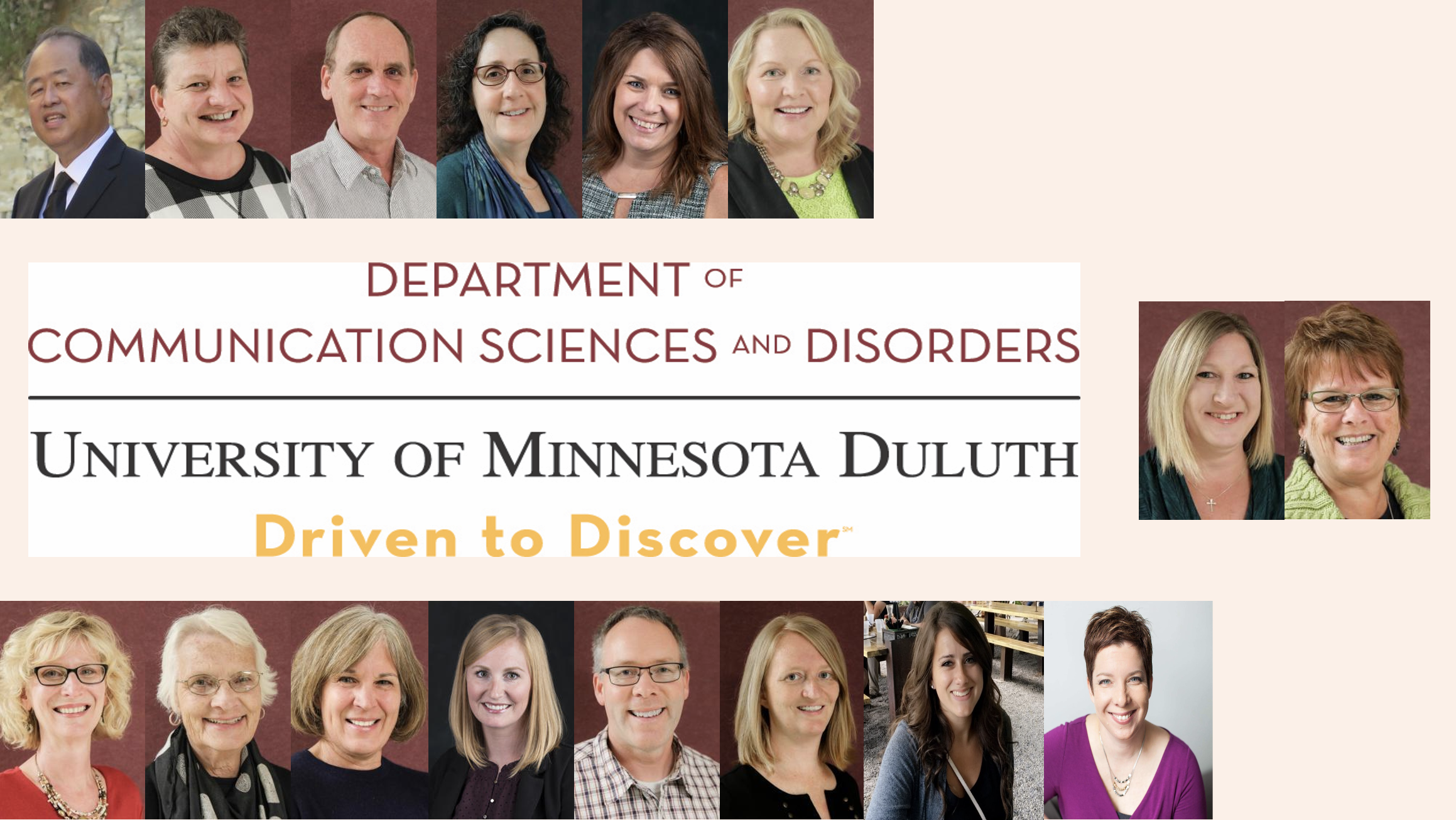 A logo for the Department of Communication Sciences and Disorders, University of Minnesota Duluth with pictures of faculty members above and below.